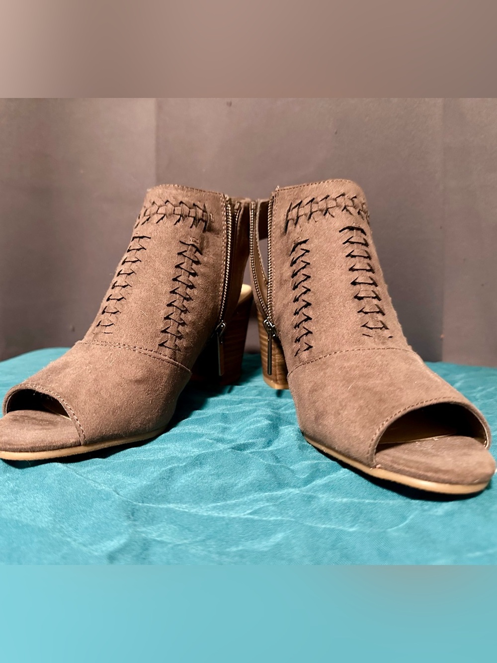 Sonoma Brown Suede Peep-Toe Heeled Mules with Whipstitch Detail